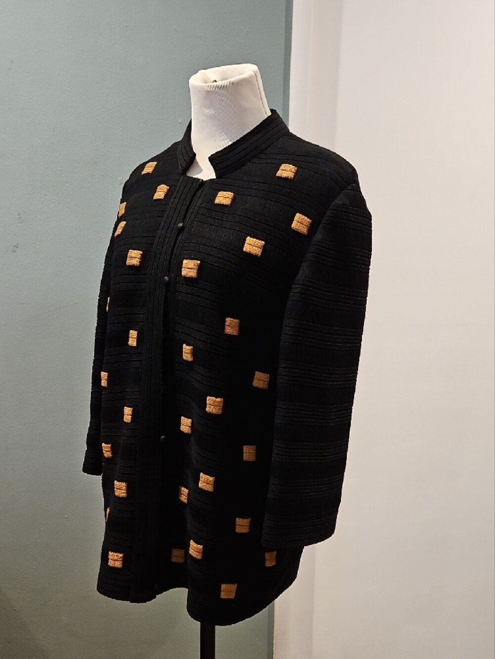 Lined Textured Knit Coat with Tan Accent Squares 0274